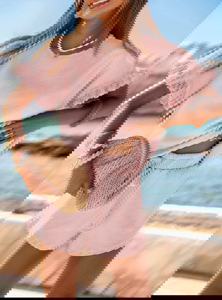 Pudrowy prążkowany komplet bluzka...