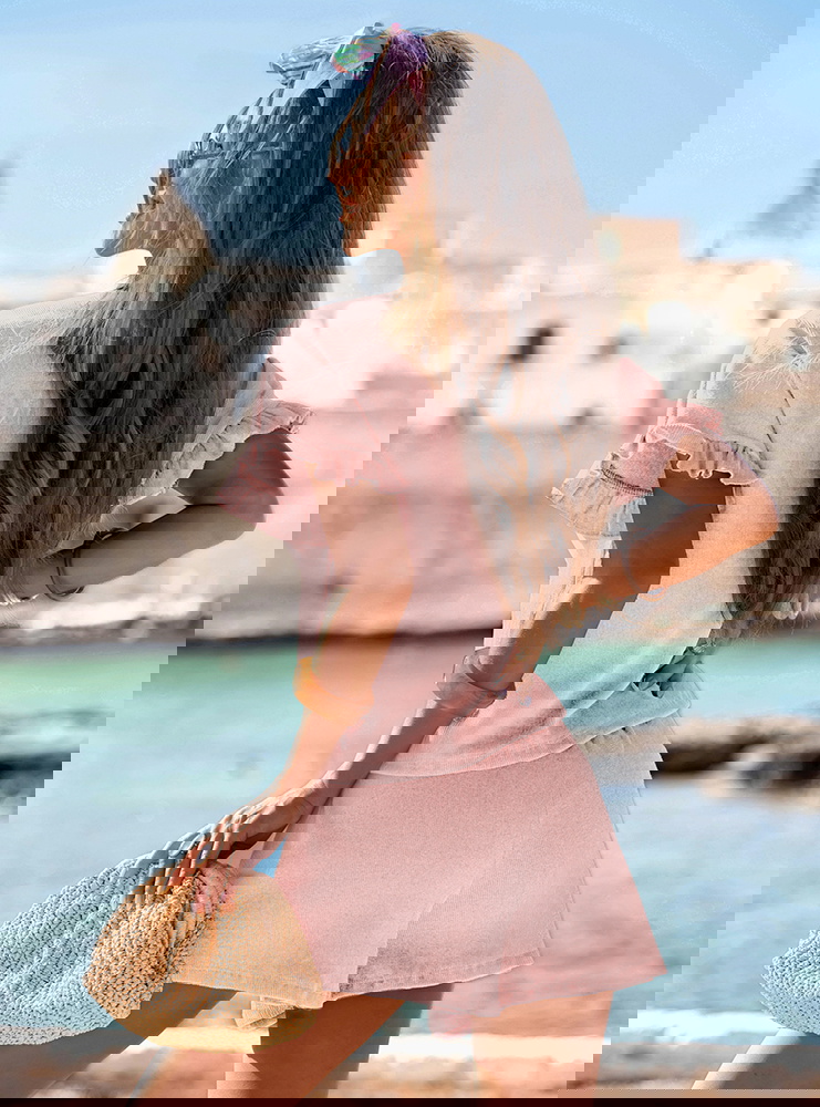 Pudrowy prążkowany komplet bluzka...