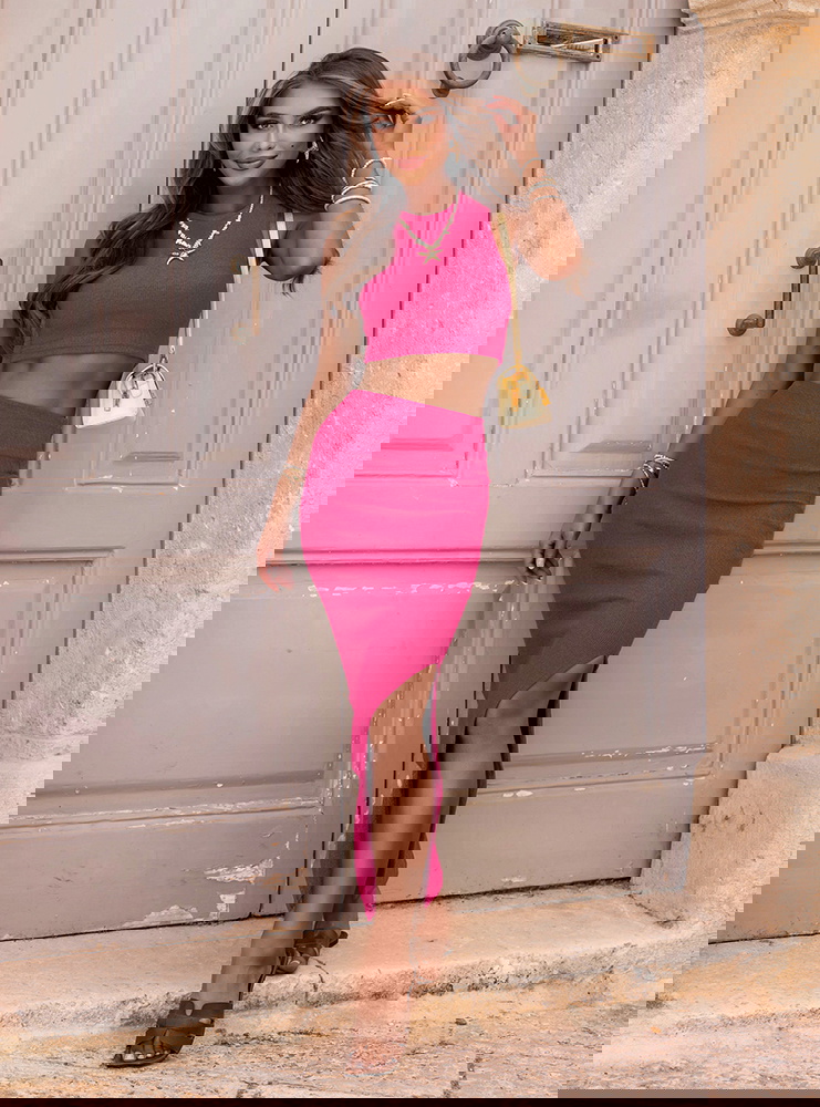 Prążkowany komplet top i spódnica z...