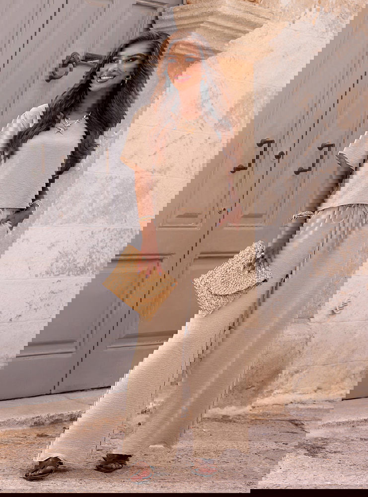 Beżowy komplet bluzka z krótkim...