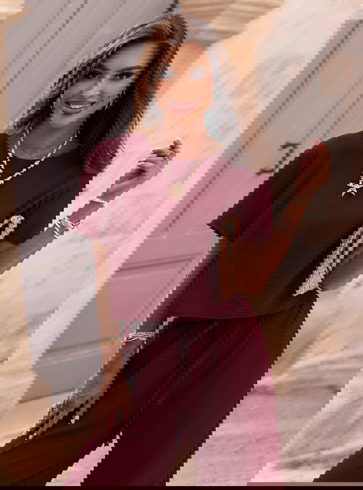 Bordowy komplet bluzka z krótkim...