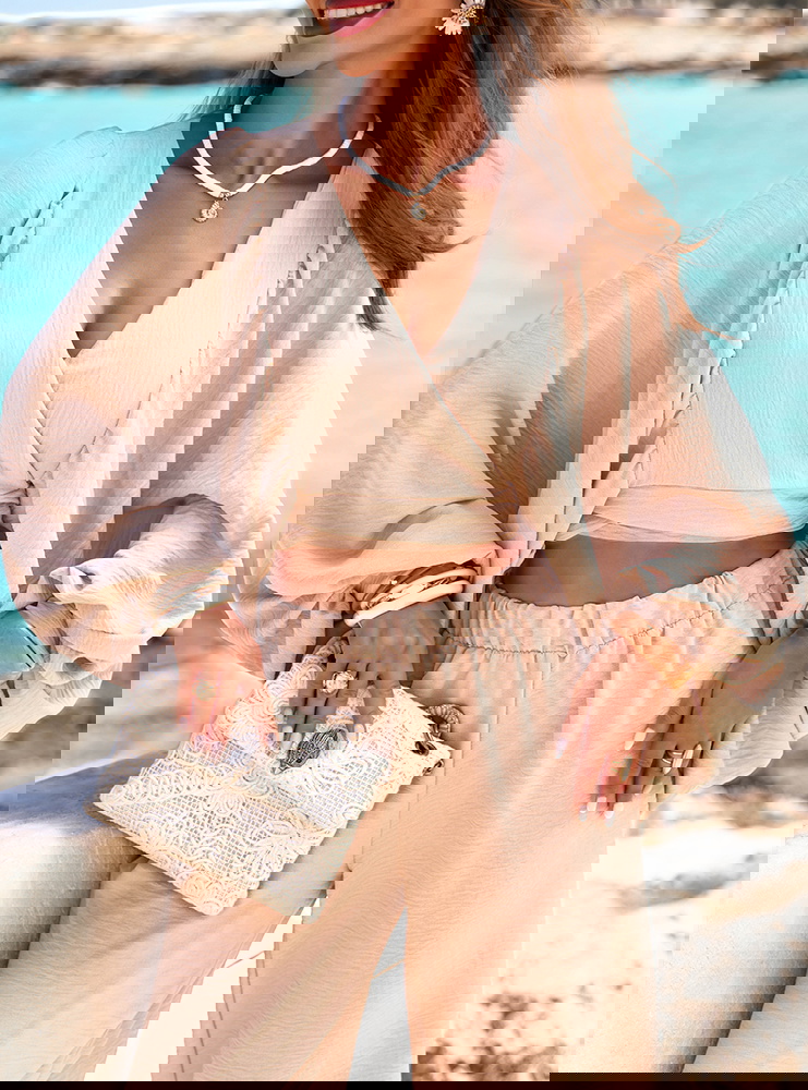 Beżowy komplet top z bufiastymi...