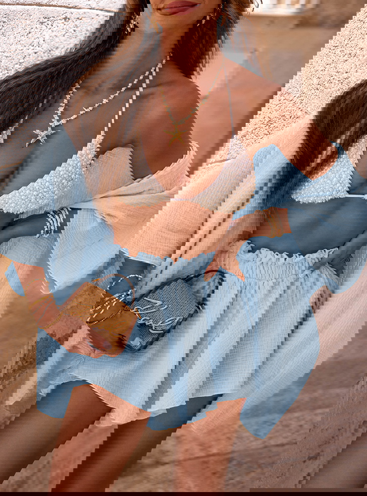 Błękitny komplet narzutka z wiązaniem...