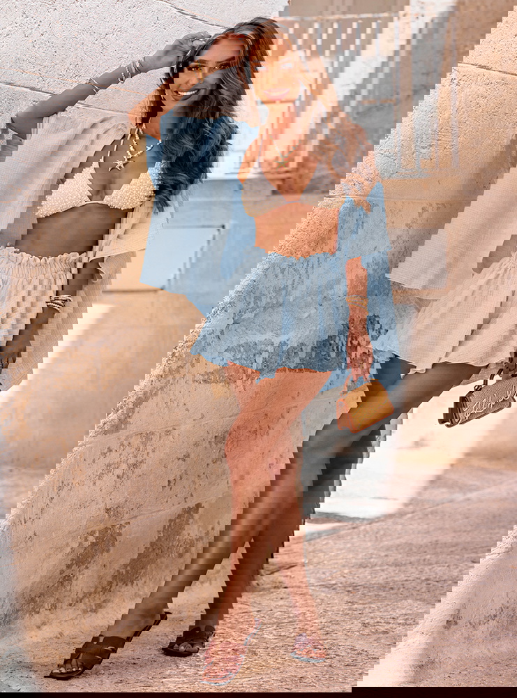 Błękitny komplet narzutka z wiązaniem...