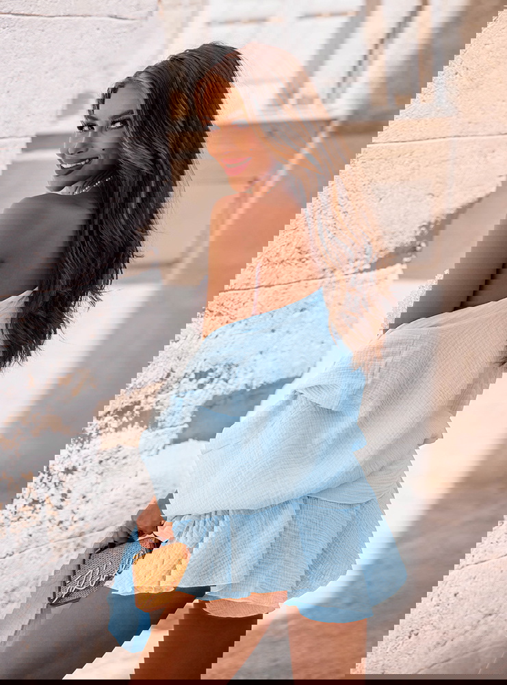 Błękitny komplet narzutka z wiązaniem...