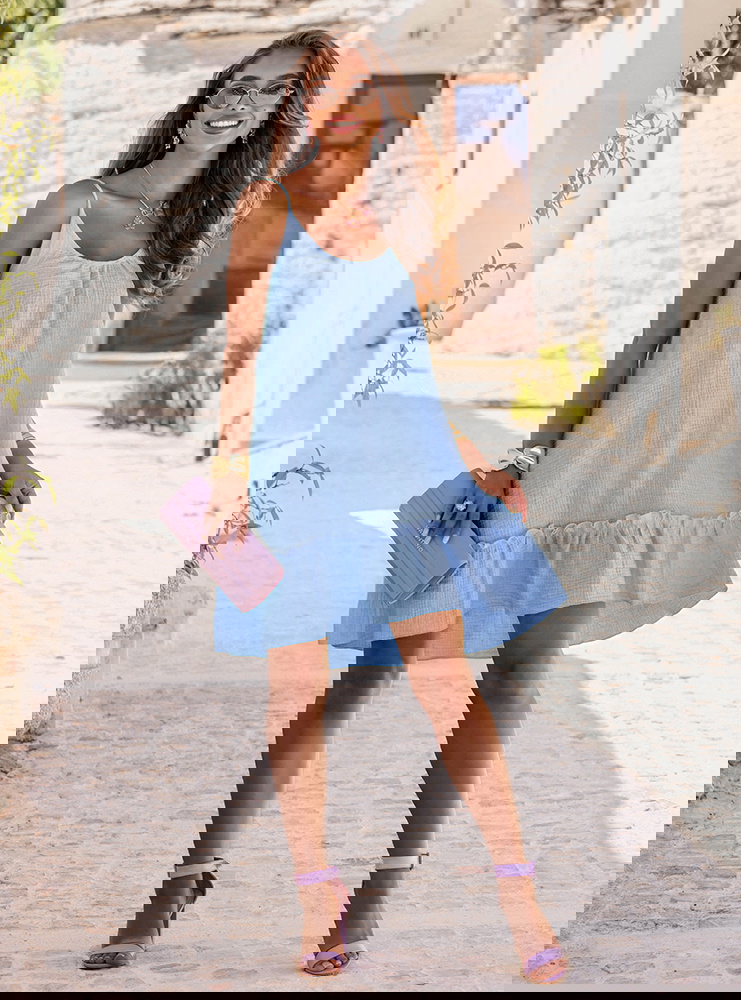 Błękitna rozkloszowana sukienka mini...