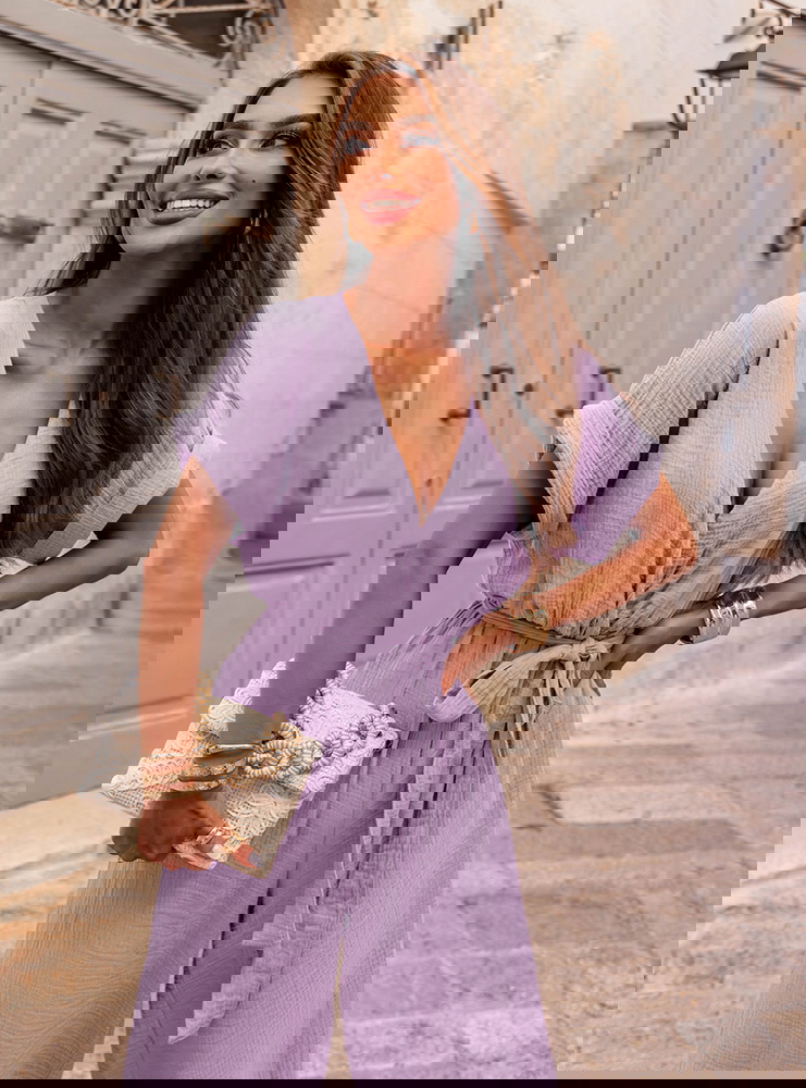 Liliowy kombinezon z długimi...