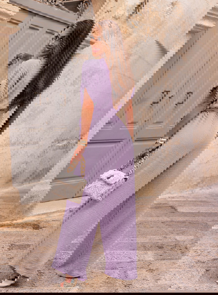 Liliowy kombinezon z długimi...