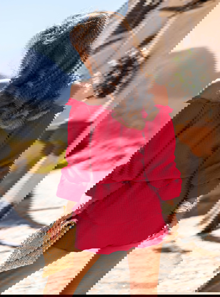 Malinowy muślinowy kombinezon jak...