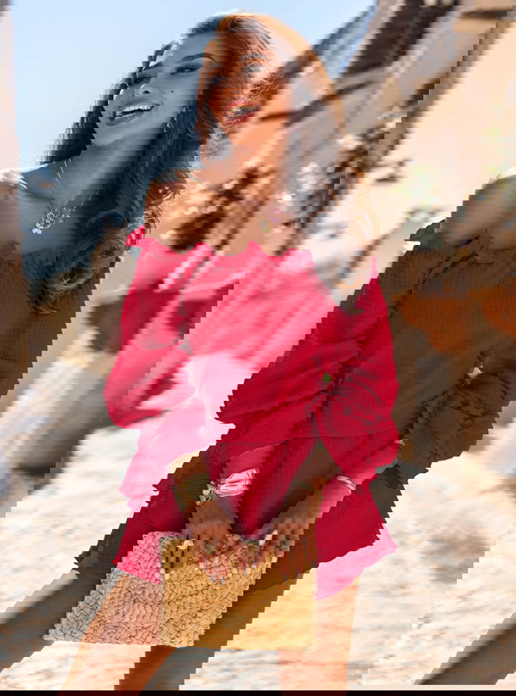 Malinowy muślinowy kombinezon jak...