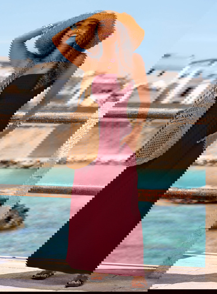 Bordowa muślinowa długa sukienka bez...