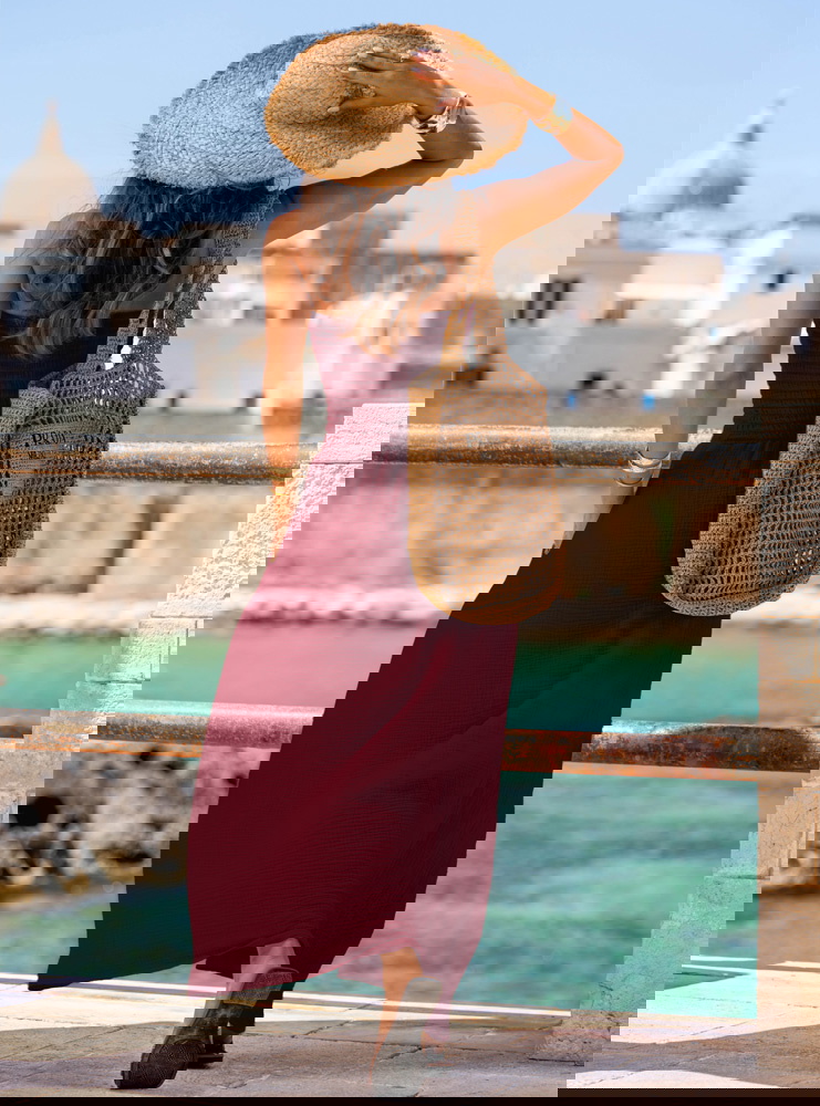 Bordowa muślinowa długa sukienka bez...