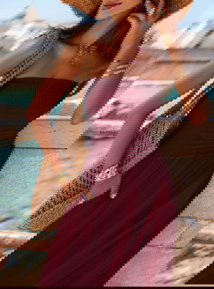 Bordowa muślinowa długa sukienka bez...