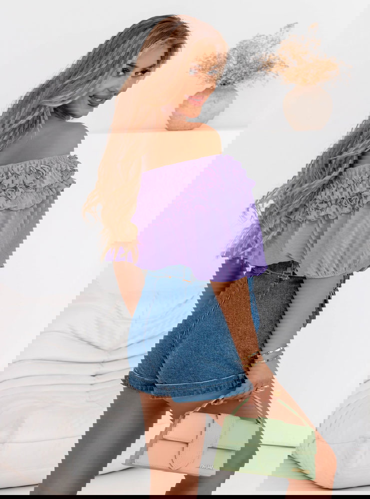 Liliowa bluzka hiszpanka z falbankami...