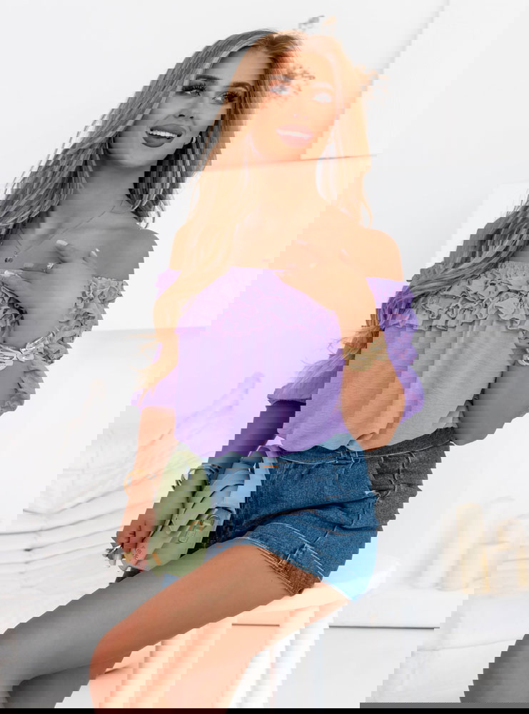 Liliowa bluzka hiszpanka z falbankami...