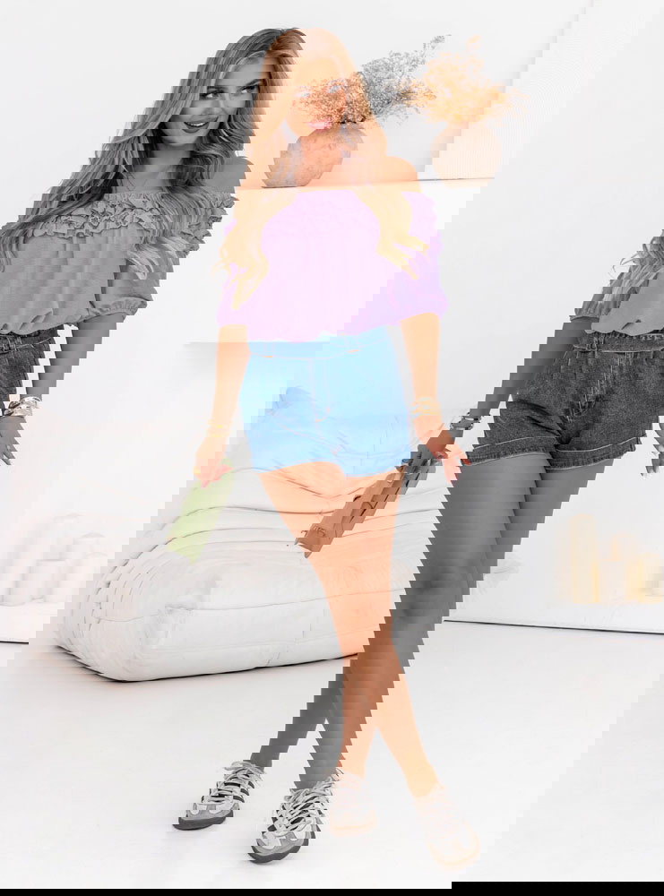 Liliowa bluzka hiszpanka z falbankami...