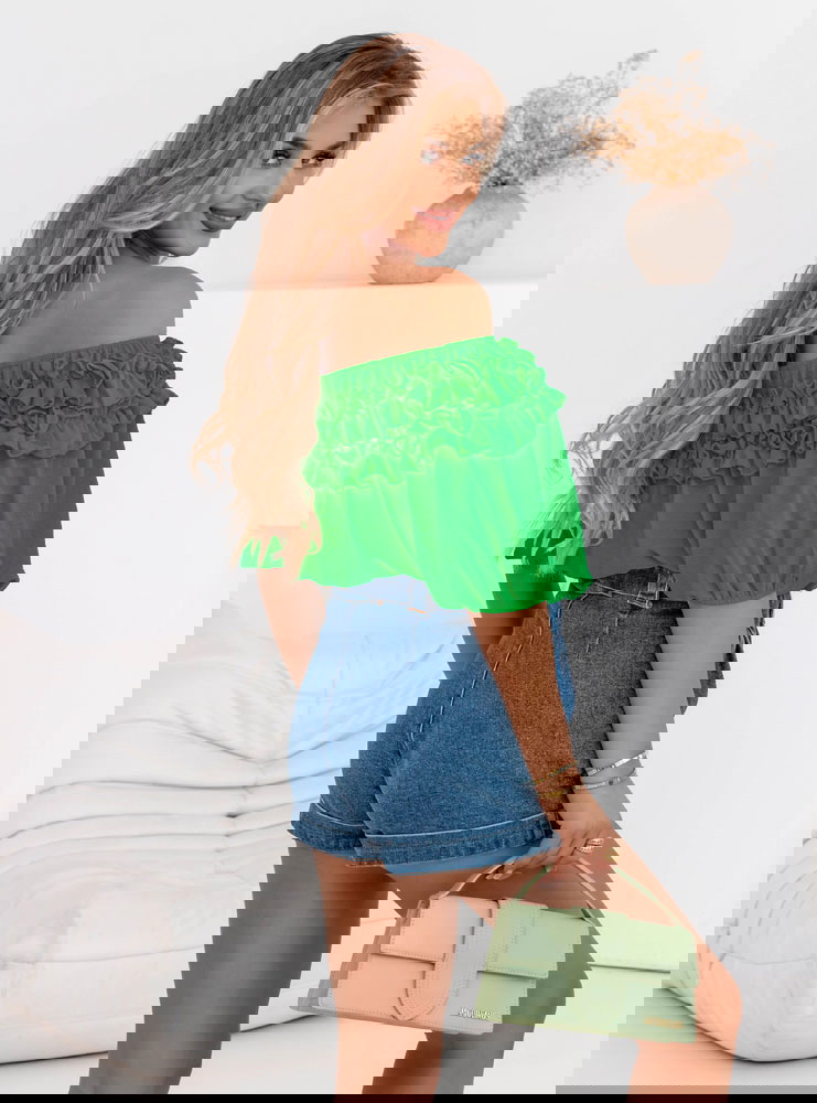 Zielona bluzka hiszpanka z falbankami...