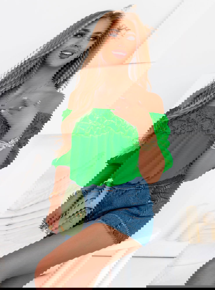 Zielona bluzka hiszpanka z falbankami...