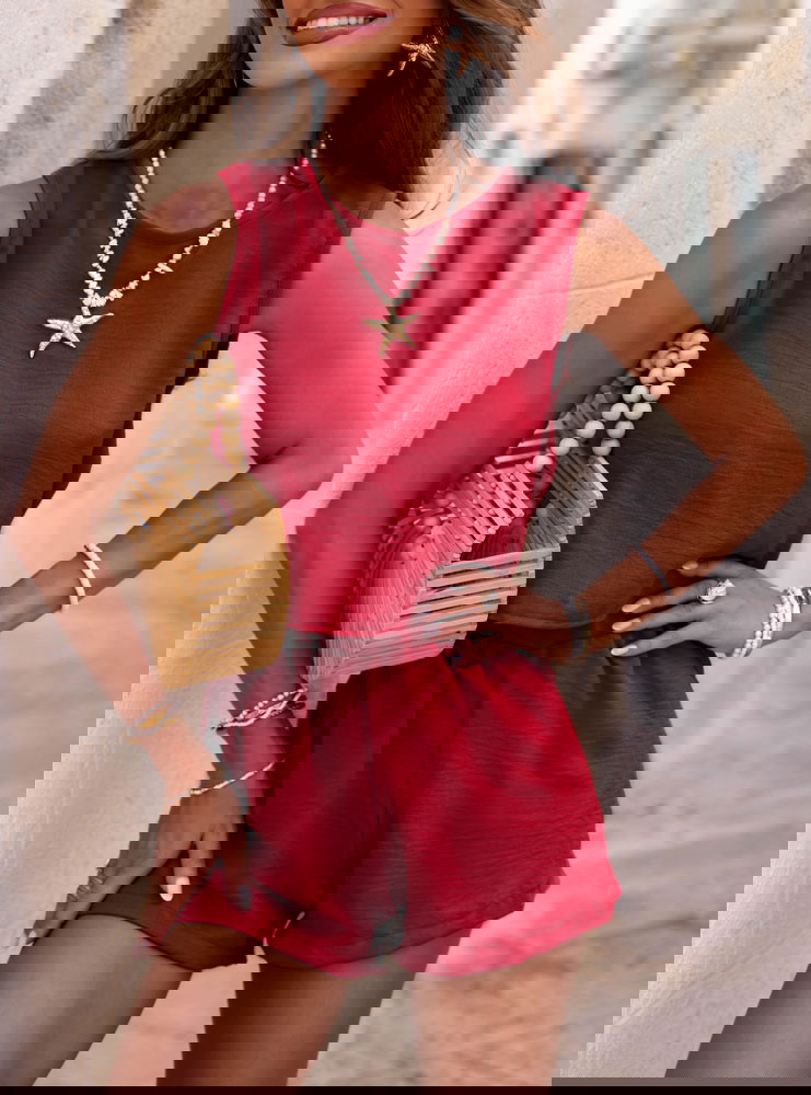 Malinowy komplet top i spodenki Romilda