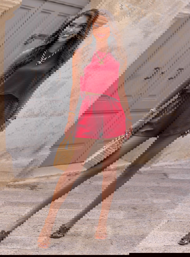 Malinowy komplet top i spodenki Romilda