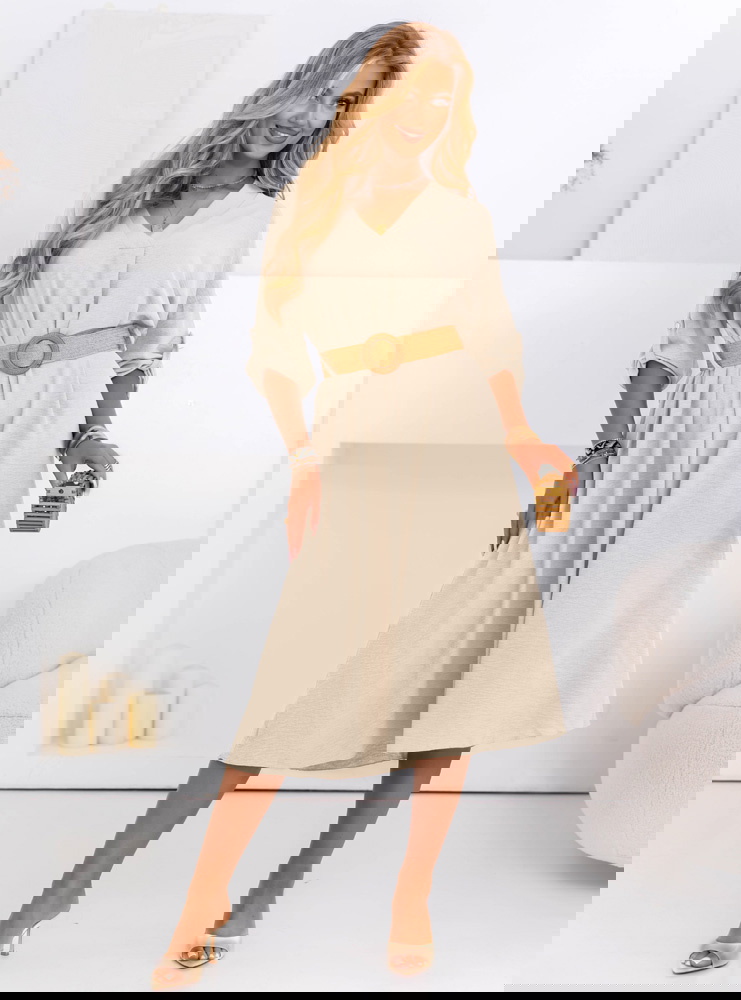 Beżowa sukienka midi z ozdobnym...