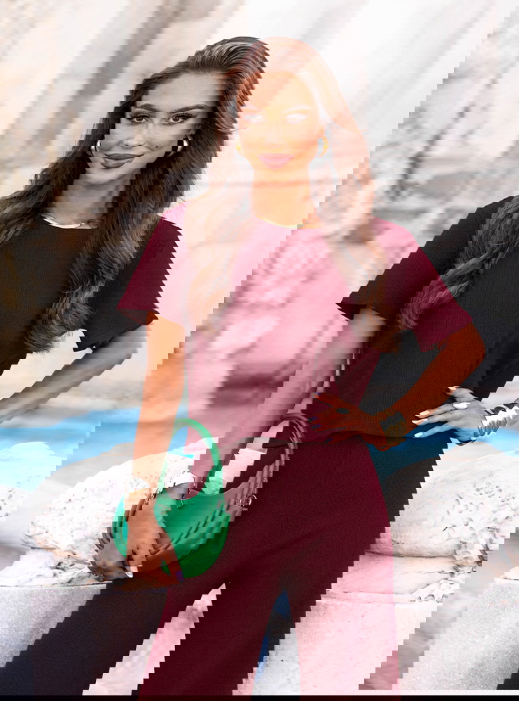 Bordowy komplet prążkowany bluzka i...