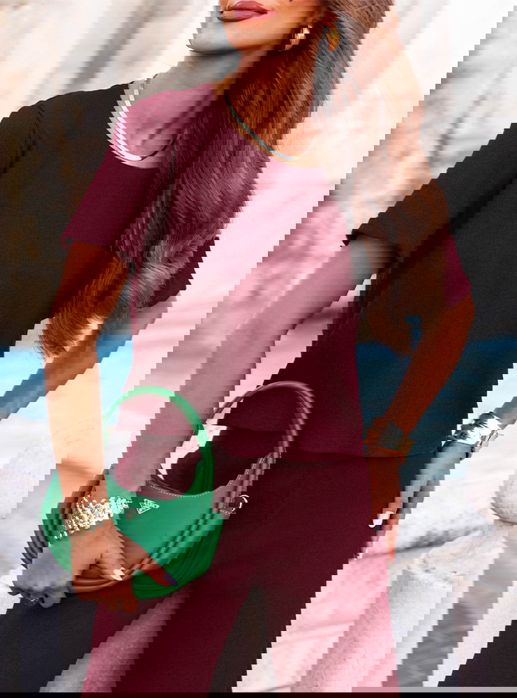 Bordowy komplet prążkowany bluzka i...