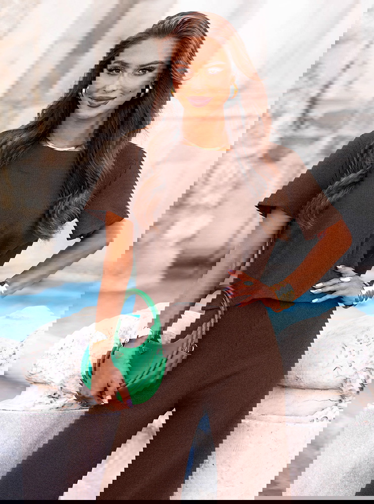 Czekoladowy komplet prążkowany bluzka...