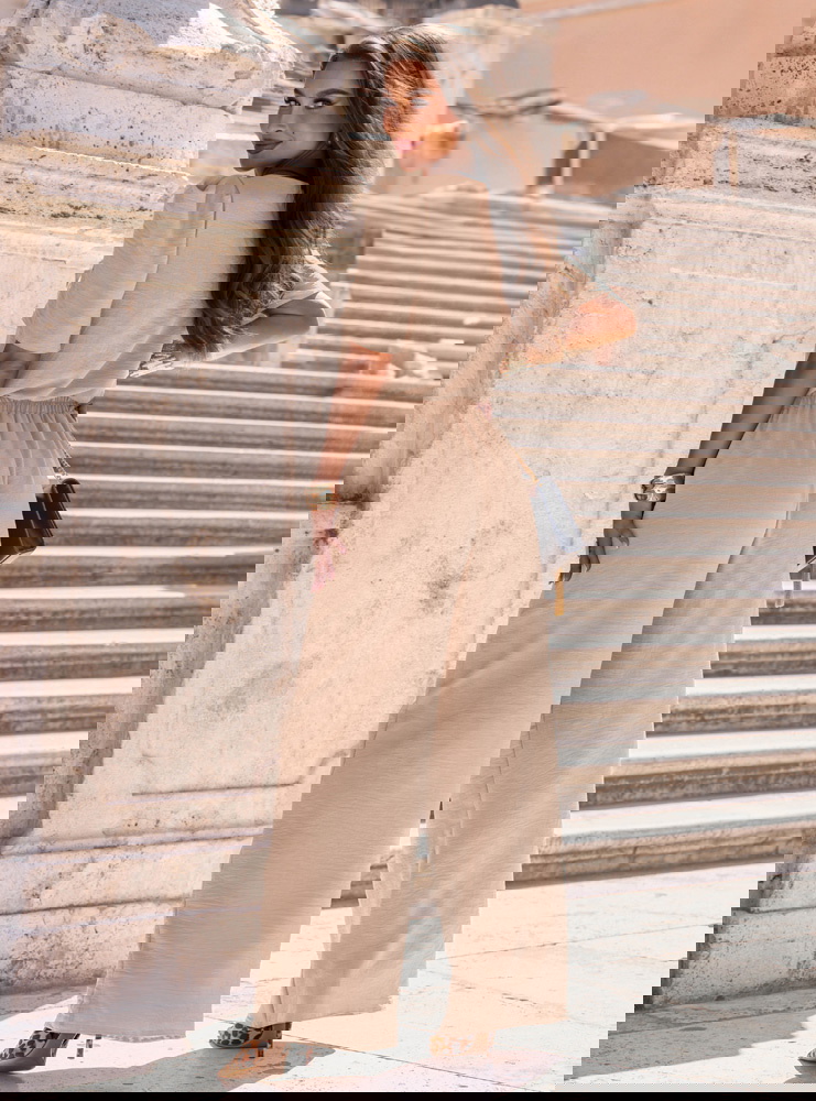 Beżowy komplet bluzka i szerokie...