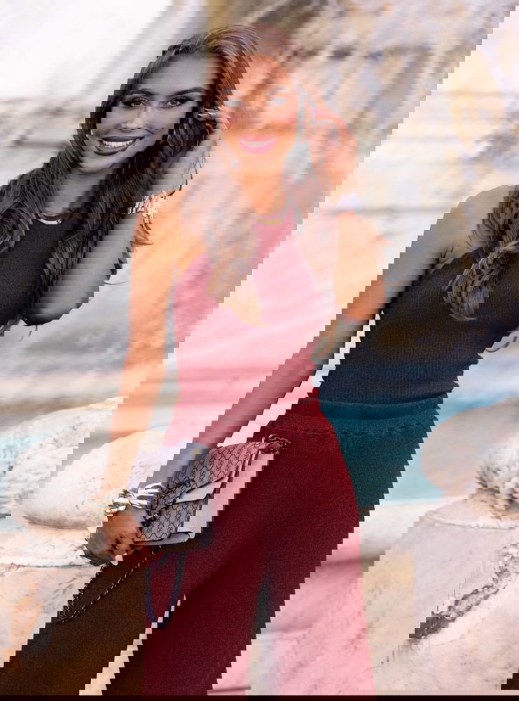 Bordowy prążkowany komplet top i...