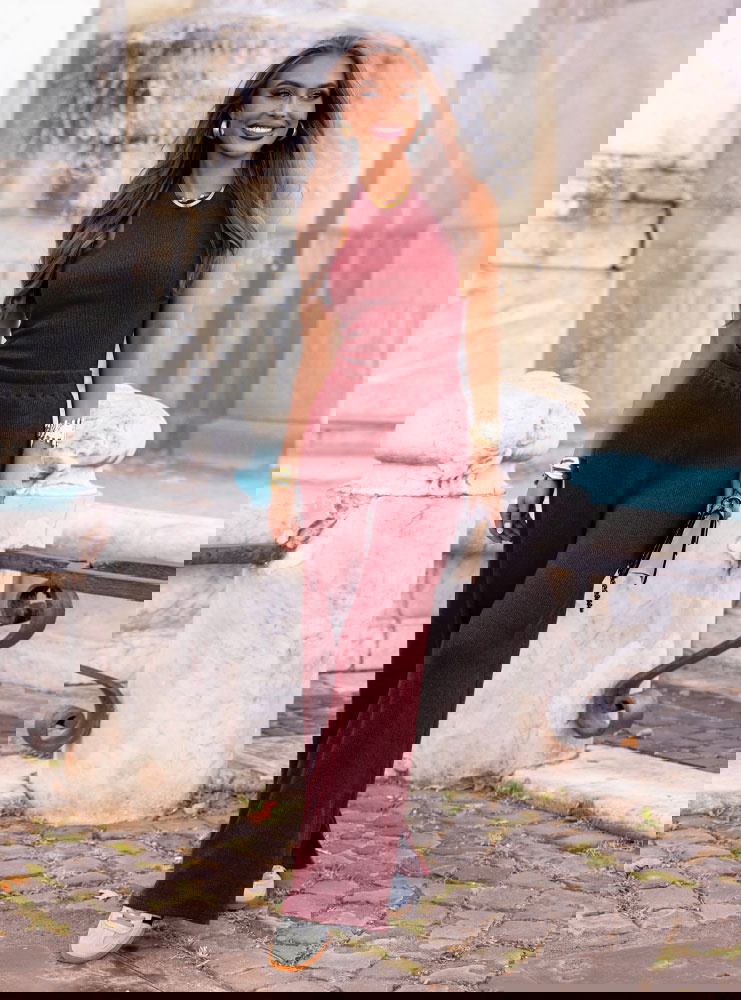 Bordowy prążkowany komplet top i...