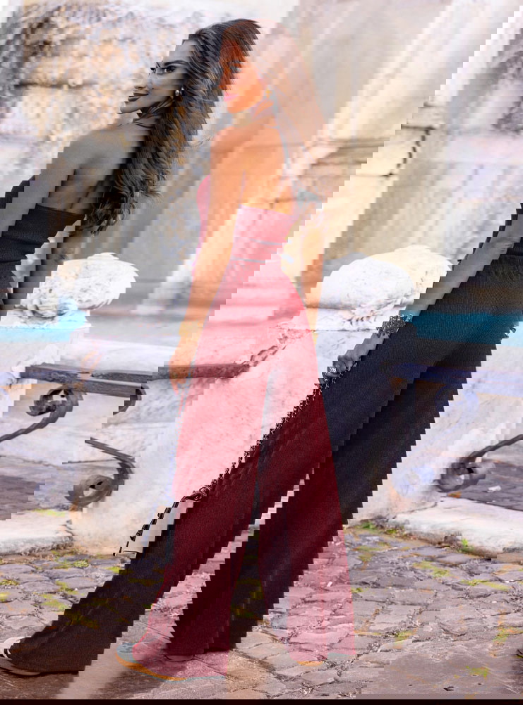 Bordowy prążkowany komplet top i...