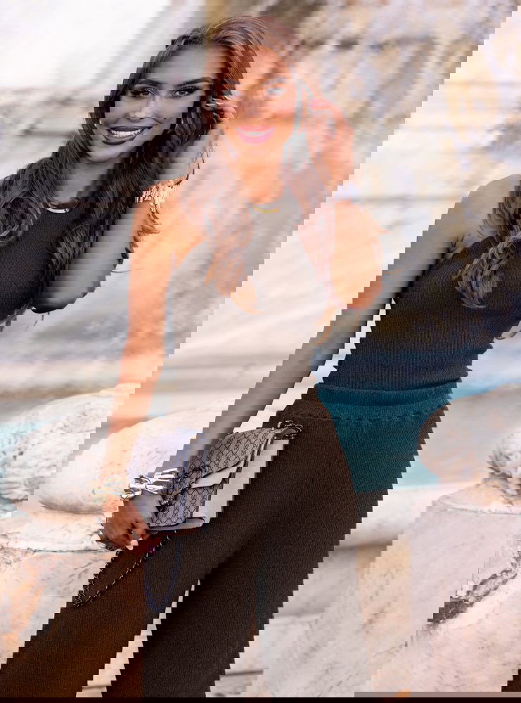 Czekoladowy prążkowany komplet top i...