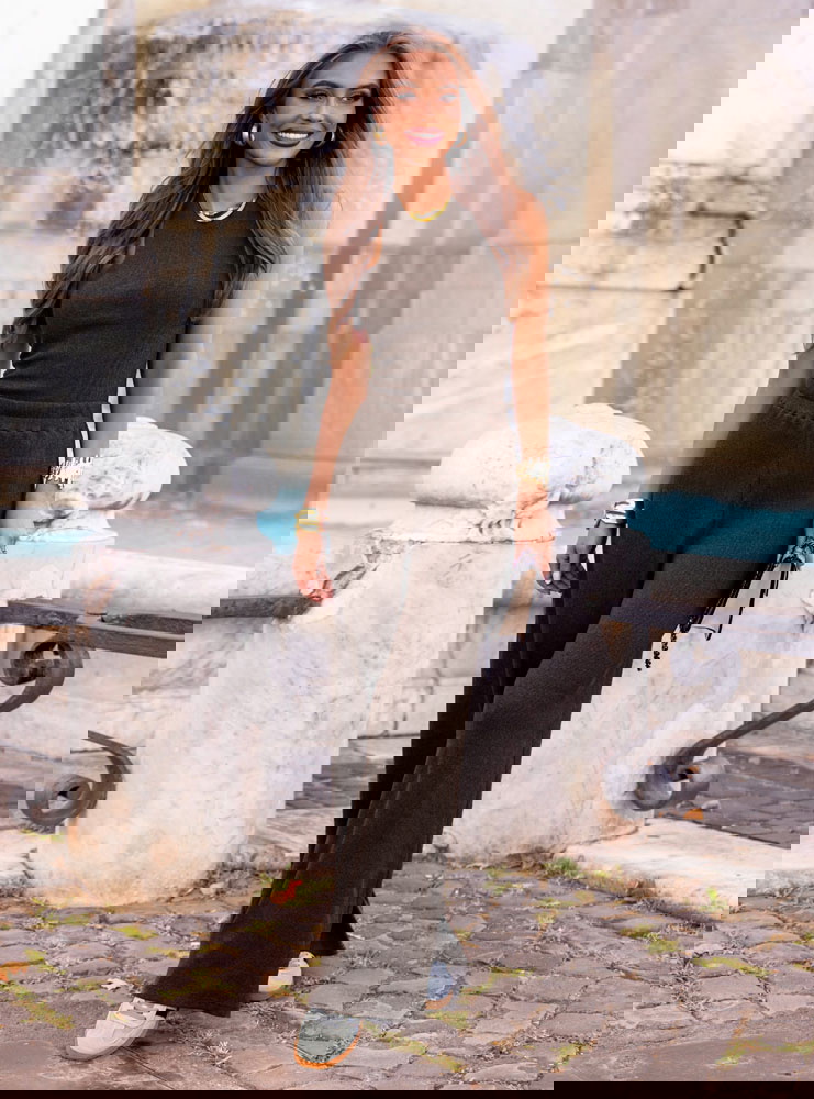 Czekoladowy prążkowany komplet top i...