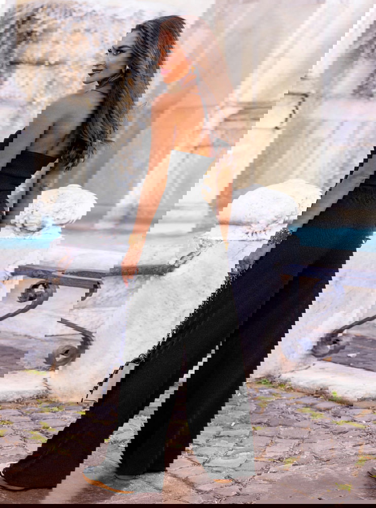 Czarny prążkowany komplet top i...