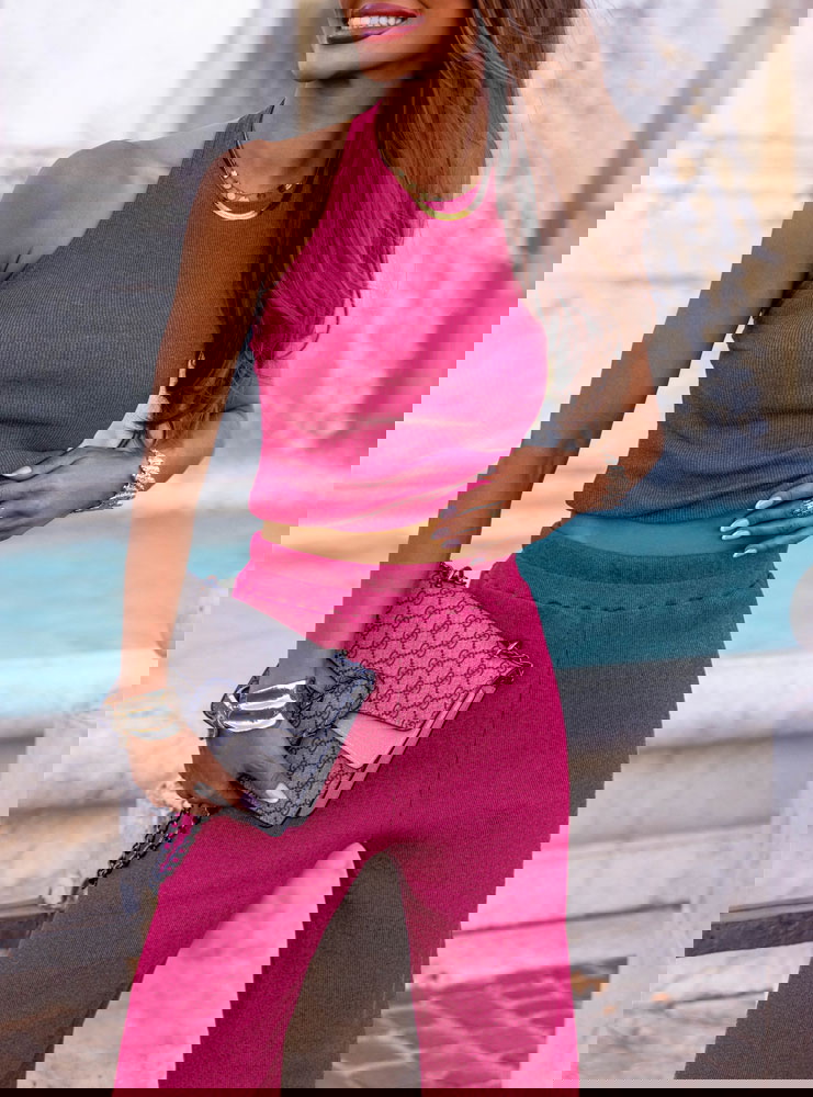 Prążkowany komplet top i spodnie...