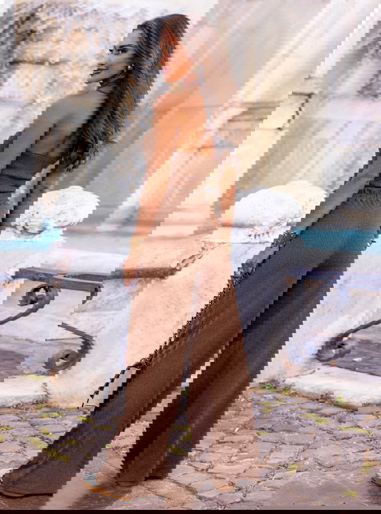 Prążkowany komplet top i spodnie...