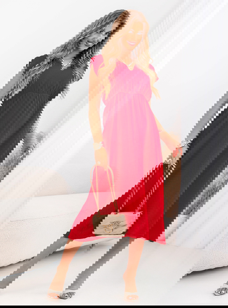 Malinowa muślinowa sukienka midi z...