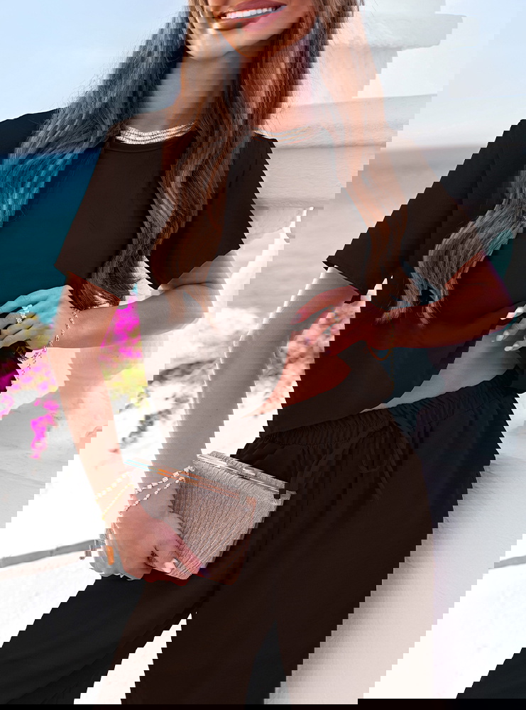 Czekoladowy komplet bluzka z krótkim...