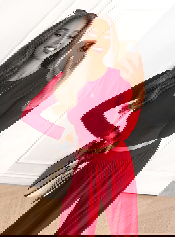 Malinowy komplet bluzka i szerokie...