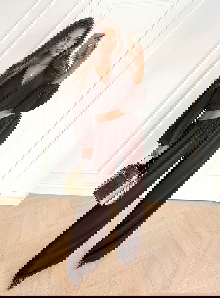 Czekoladowy komplet top z bufiastymi...