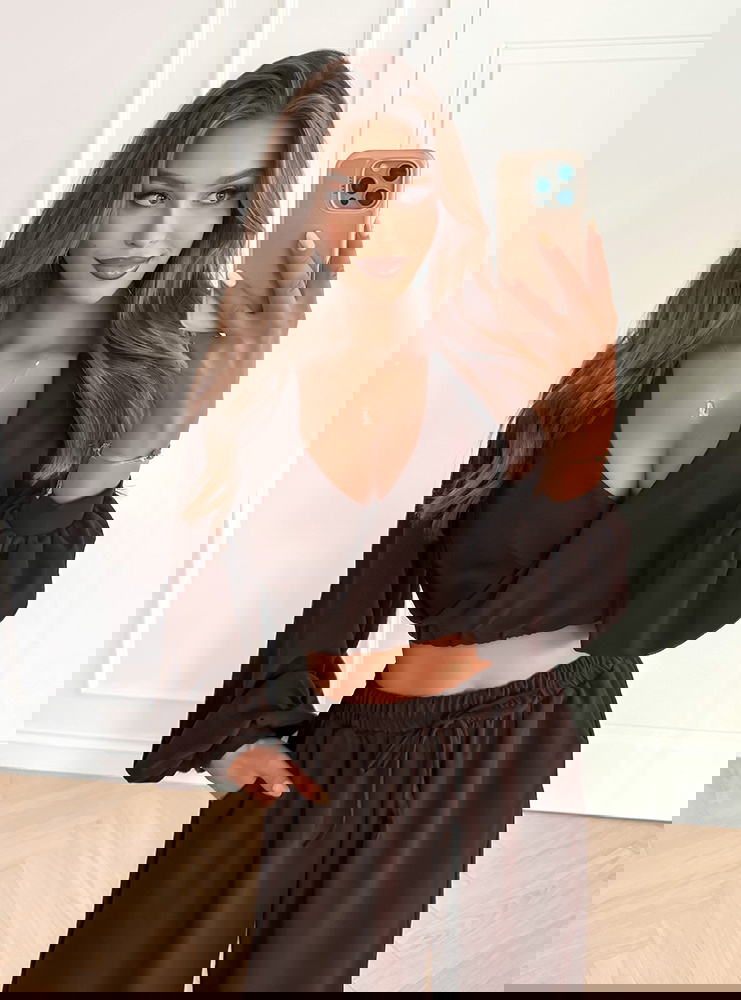 Czekoladowy komplet top z bufiastymi...