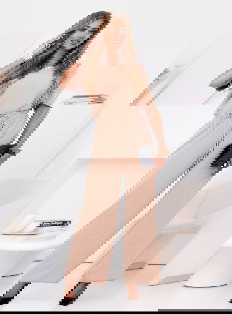 Beżowy komplet bluzka i szerokie...