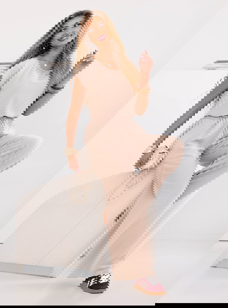 Beżowy komplet bluzka z krótkim...