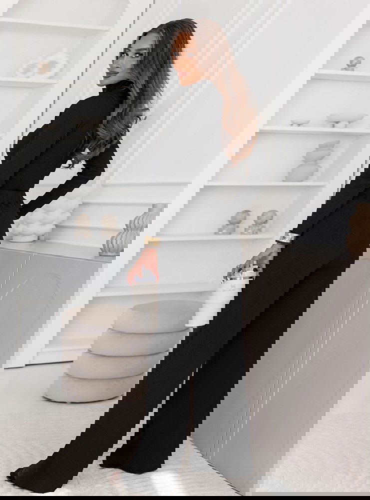 Czarny prążkowany komplet bluzka z...