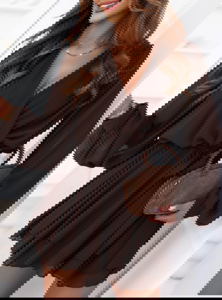 Czekoladowa szyfonowa sukienka mini z...