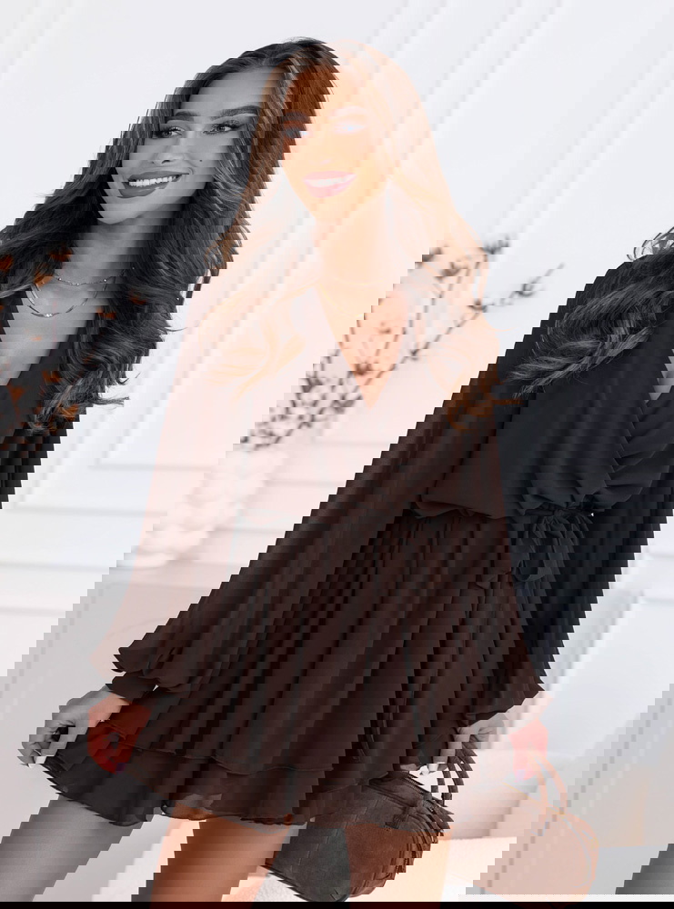 Czekoladowa szyfonowa sukienka mini z...