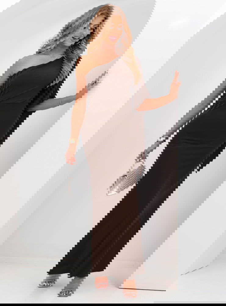 Czekoladowa sukienka na jedno ramię z...