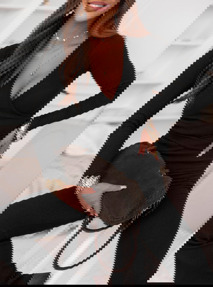 Czarny prążkowany komplet bluzka z...