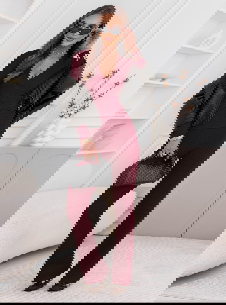 Bordowy prążkowany komplet bluzka z...